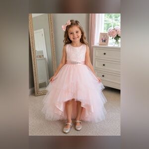 Tip Top Kids Pink Tulle High-Low Lace Party Dress with Sparkle Waist